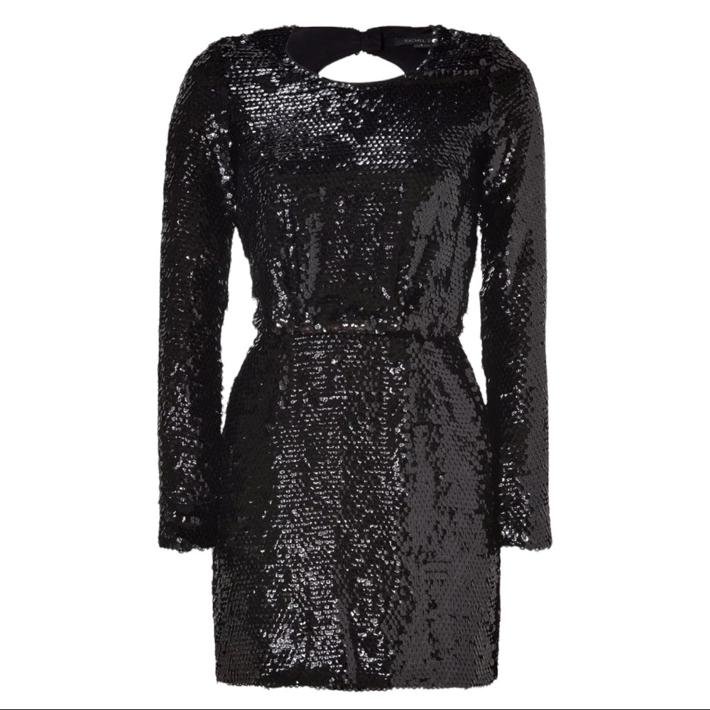 Rachel Zoe Long Sleeve Black Sequined Mini Dress Open Back $450 Retail Size 8 - Picture 3 of 12